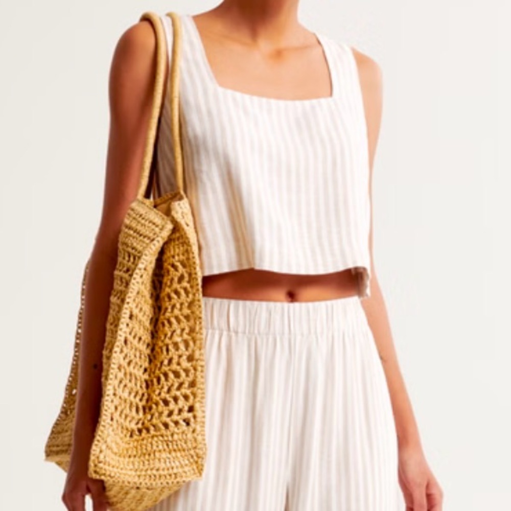 Abercrombie & Fitch Linen-Blend Squareneck Set Top in Tan Stripe XL